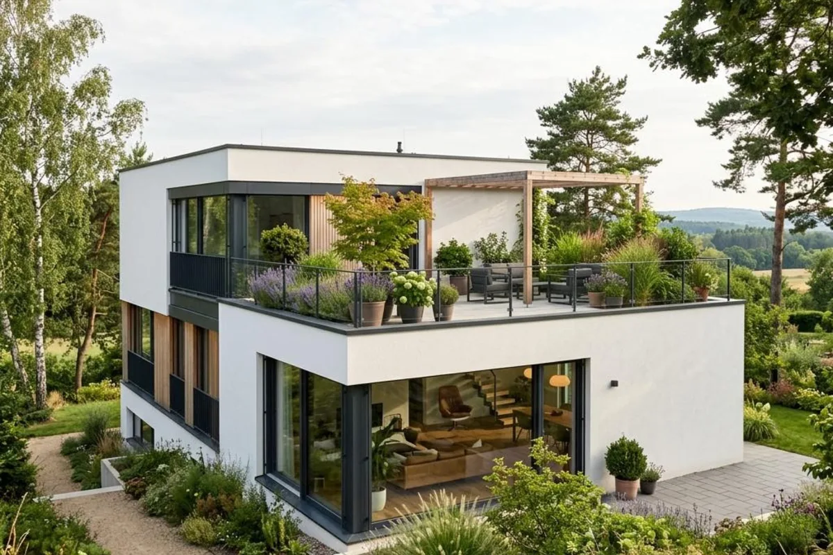 Modernes kubisches Bauhaus mit Flachdach und Dachterrasse (illustrative Darstellung)