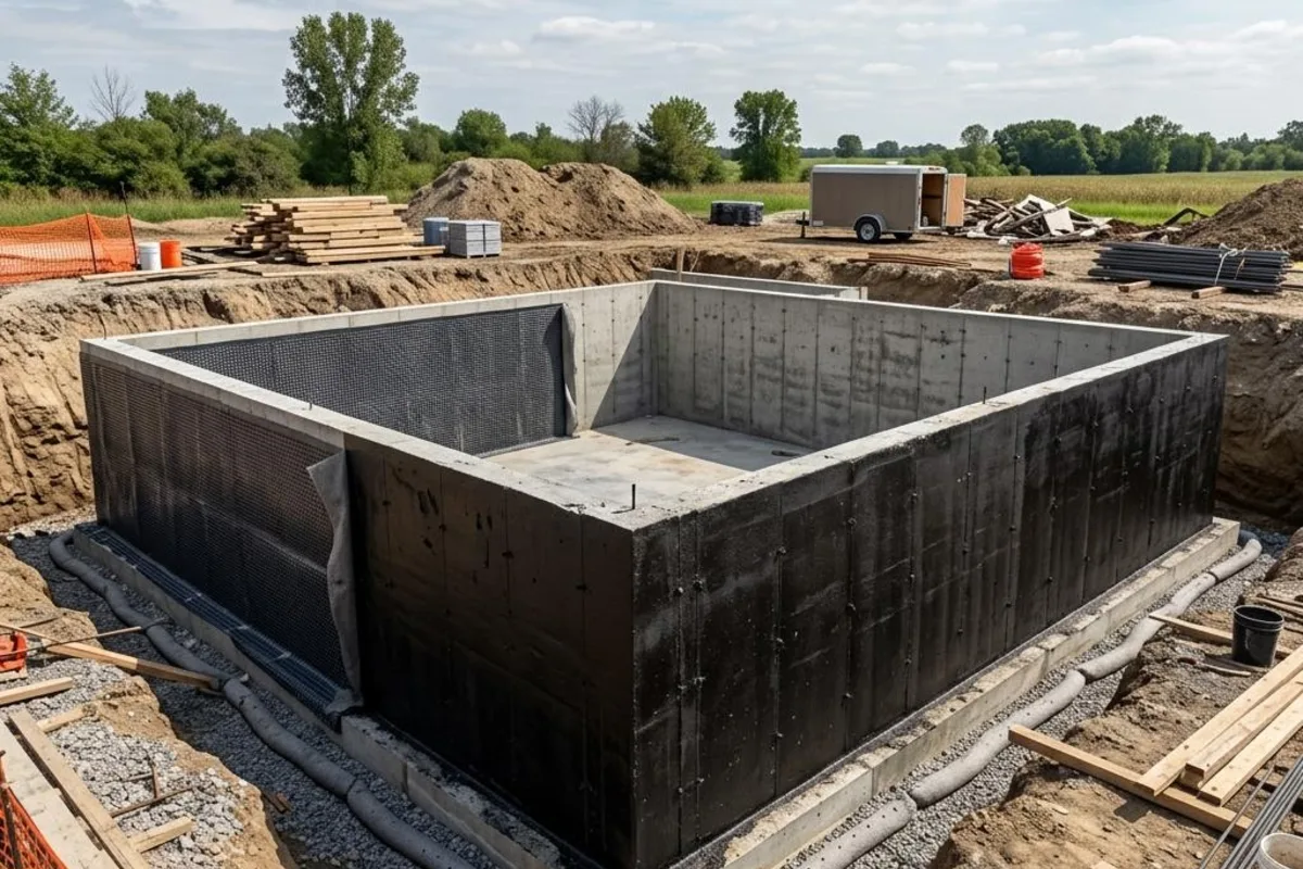 Kellerrohbau mit Betonwänden und aufgebrachter Abdichtung auf einer Baustelle (illustrative Darstellung)