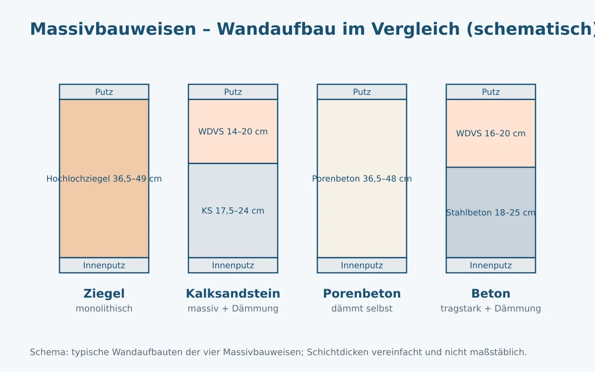 Schemazeichnung: Wandaufbau der vier Massivbauweisen Ziegel, Kalksandstein, Porenbeton und Beton im Vergleich