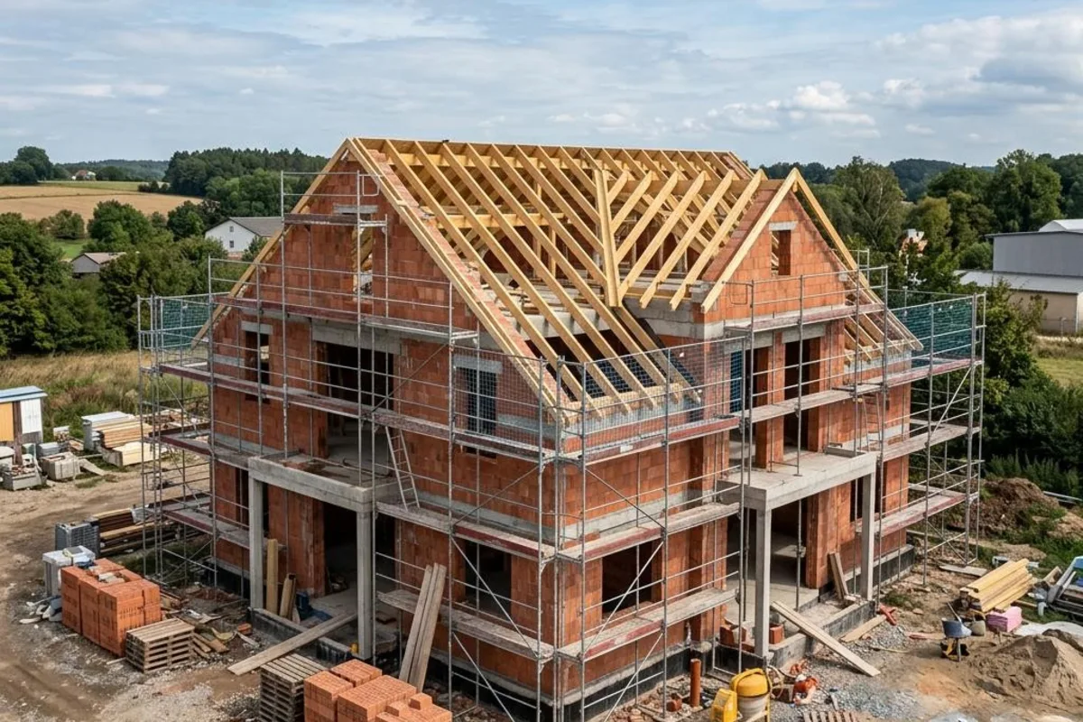 Rohbau eines Massivhauses aus Ziegelmauerwerk mit Gerüst (illustrative Darstellung)