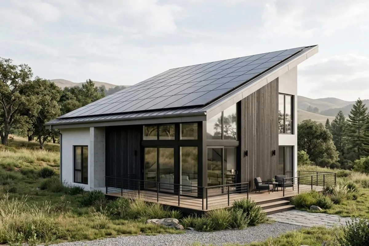 Modernes kubisches Einfamilienhaus mit geradlinigem Pultdach und Photovoltaik (illustrative Darstellung)