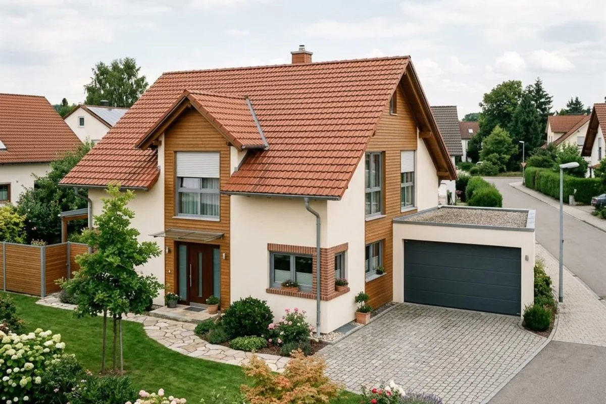 Modernes Einfamilienhaus mit klassischem Satteldach und roten Dachziegeln (illustrative Darstellung)