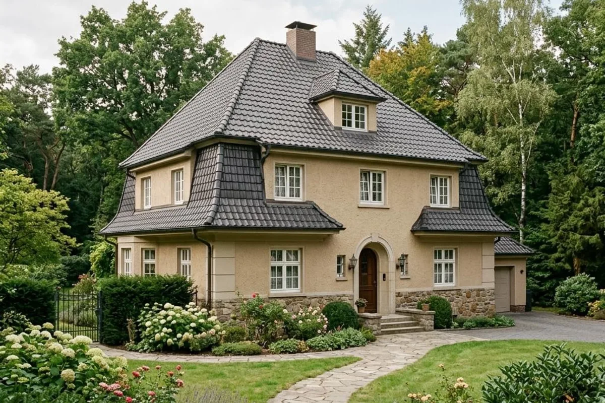 Repräsentativer Bungalow mit allseitig geneigtem Walmdach und ruhiger Silhouette (illustrative Darstellung)