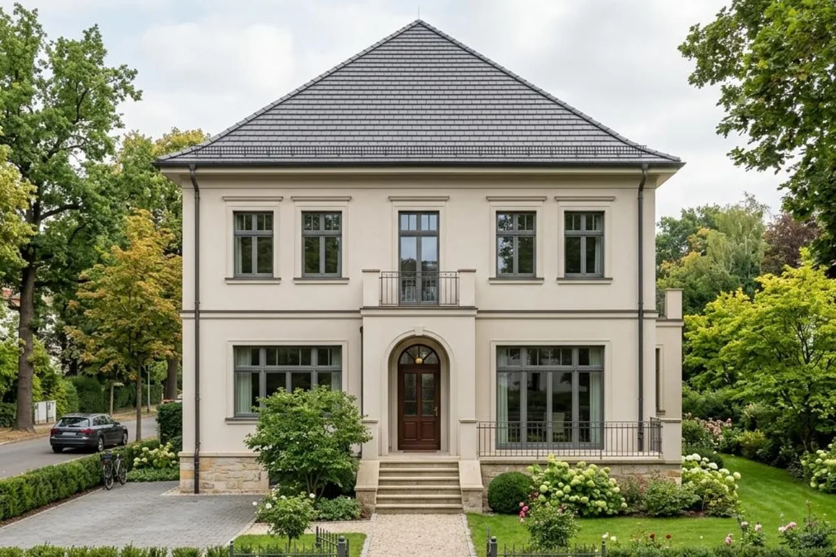 Repräsentative Stadtvilla mit symmetrischem Zeltdach über quadratischem Grundriss (illustrative Darstellung)