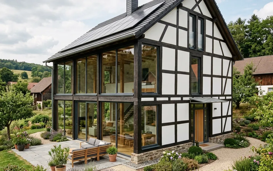 Modernes Fachwerkhaus mit Eichenskelett und Glasflächen – Fachwerkhaus-Preise 2026 ab 320.000 Euro Modernes Fachwerkhaus mit Eichenskelett und Glasflächen – Fachwerkhaus-Preise 2026 ab 320.000 Euro