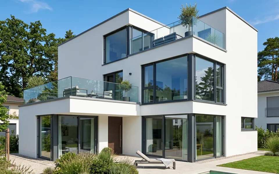 Weißes kubisches Flachdachhaus im Bauhausstil mit Dachterrasse und bodentiefen Fenstern – modern bauen 2026 Weißes kubisches Flachdachhaus im Bauhausstil mit Dachterrasse und bodentiefen Fenstern – modern bauen 2026