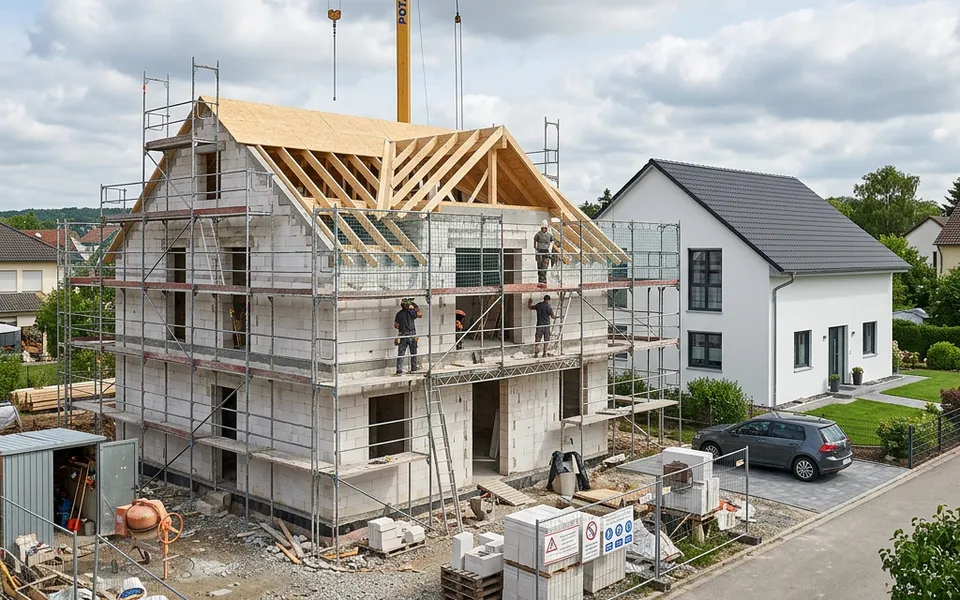 Massivhaus im Bau mit weißen Porenbetonwänden neben fertigem verputztem Wohnhaus – massiv bauen 2026 Massivhaus im Bau mit weißen Porenbetonwänden neben fertigem verputztem Wohnhaus – massiv bauen 2026
