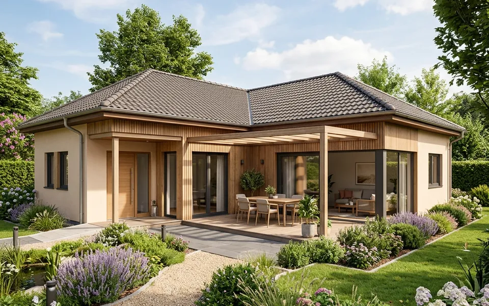 Winkelbungalow in L-Form mit Walmdach und windgeschützter Terrasse zwischen den Flügeln – ebenerdig wohnen 2026 Winkelbungalow in L-Form mit Walmdach und windgeschützter Terrasse zwischen den Flügeln – ebenerdig wohnen 2026