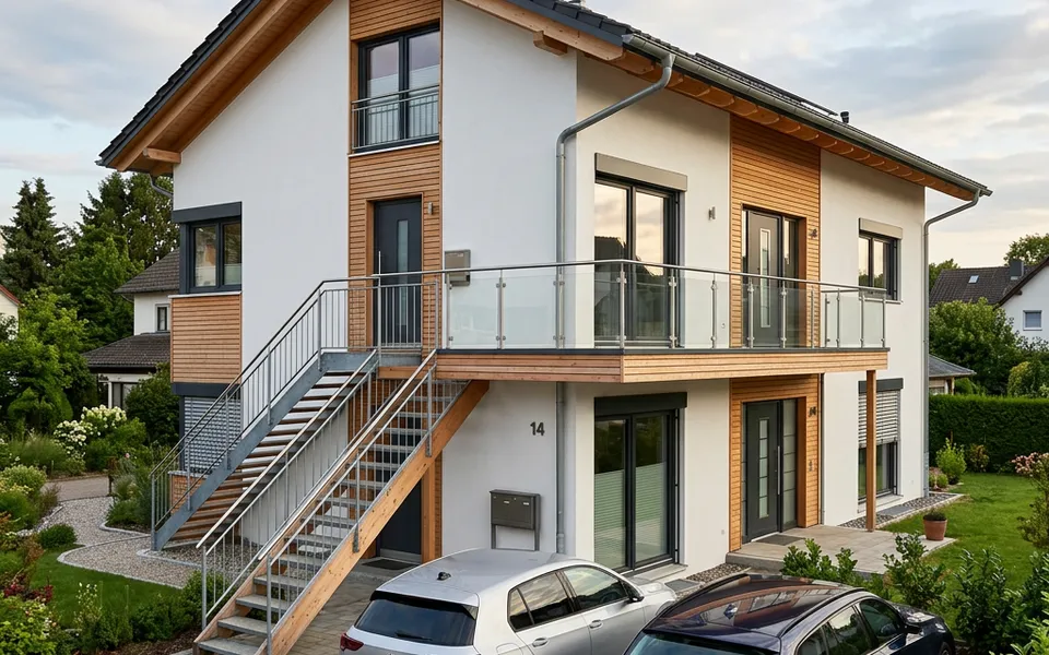Zweifamilienhaus mit zwei Vollgeschossen, zwei Eingängen und Außentreppe – eine Wohnung je Etage 2026 Zweifamilienhaus mit zwei Vollgeschossen, zwei Eingängen und Außentreppe – eine Wohnung je Etage 2026