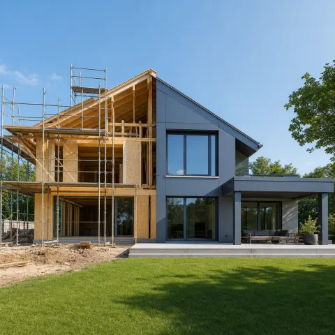 Neubau-Beispiel: modernes Haus im Tageslicht Moderner Neubau bei Tageslicht mit stahlblauer Fassade als Beispiel für zeitgemäßes Bauen